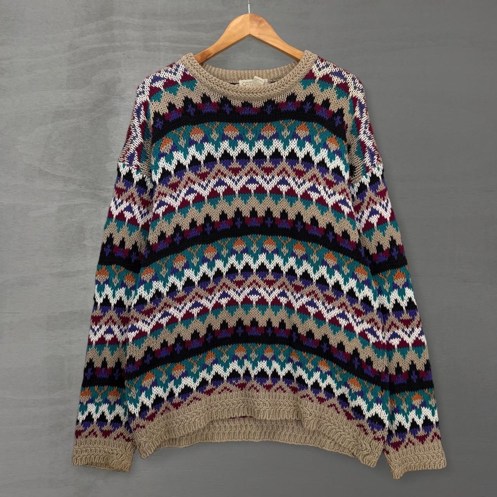 Cattivo Vintage Sweater Retro Multi-Color Fair Isle Geometric Knit Crew Neck XL